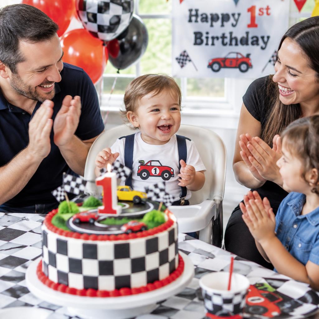Checkered-flag cake, first-birthday smiles